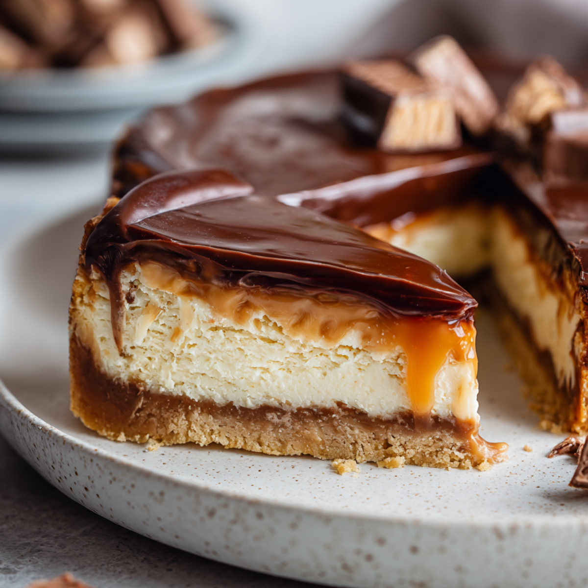 Sliced Twix cheesecake showing caramel and chocolate layers