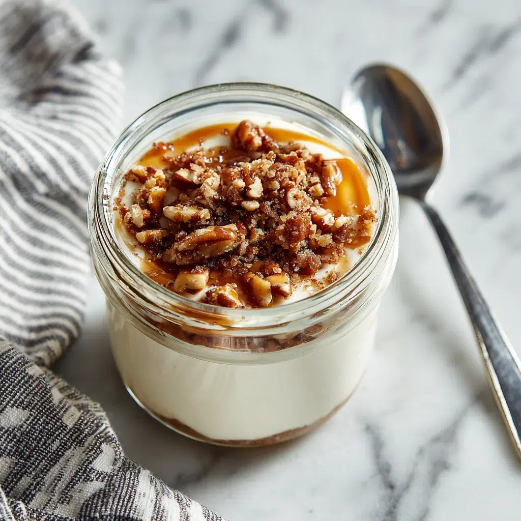 Single serving of GAPS cream cheese dessert topped with pecans and honey.