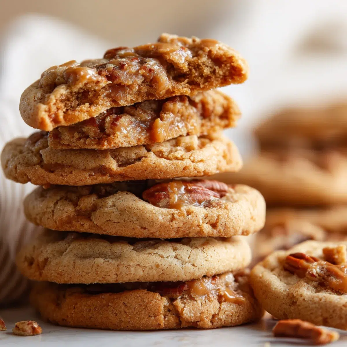 Close-up stack of caramel pecan cookies with gooey caramel and pecans inside