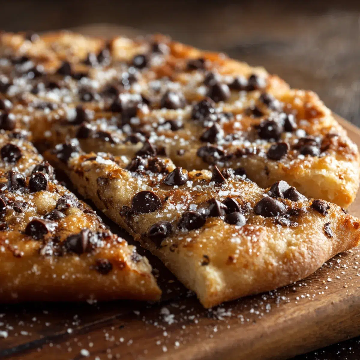 Close-up of golden chocolate chip pizza with melted chips and sugar topping