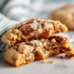 Broken caramel pecan cookie showing gooey caramel swirl and pecans