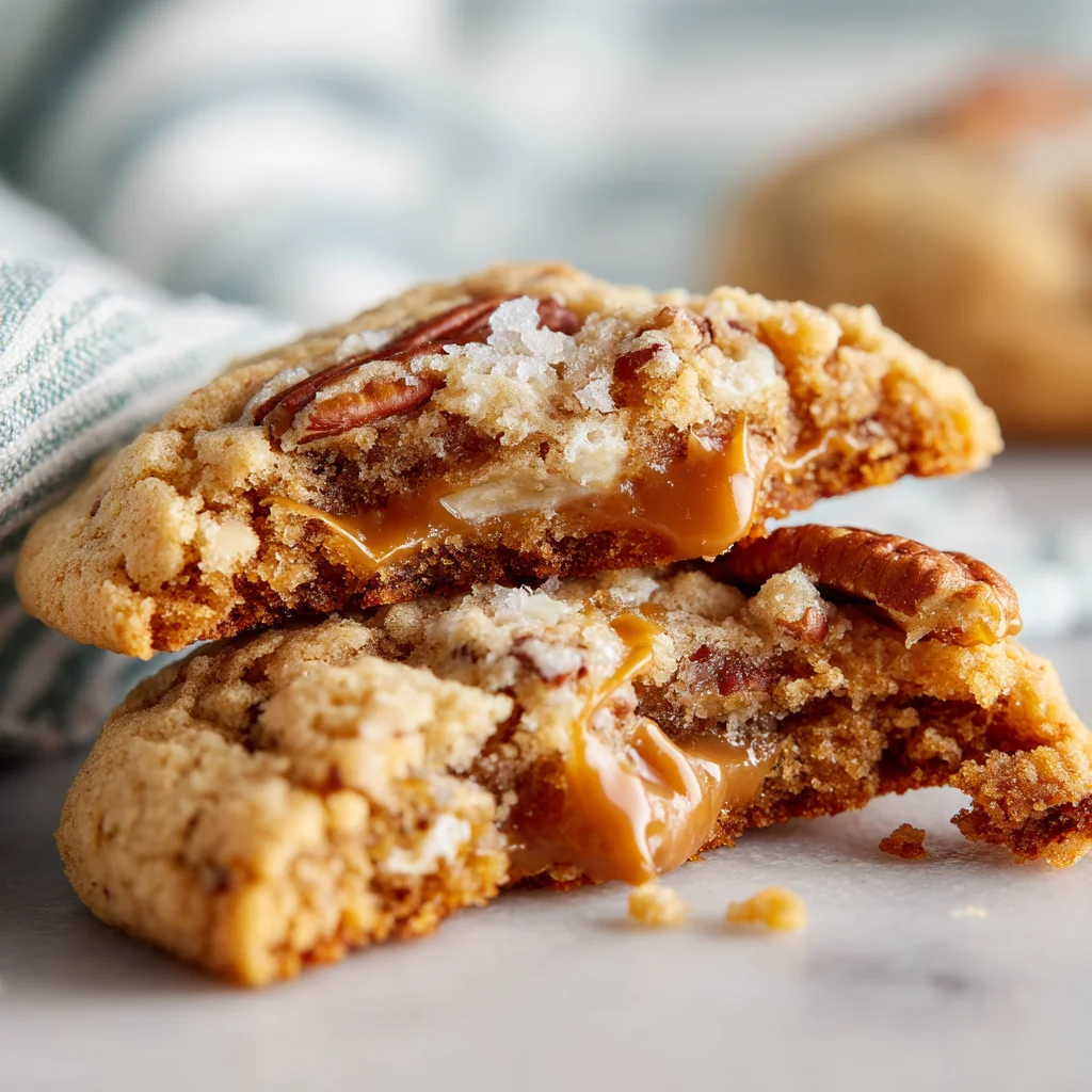Broken caramel pecan cookie showing gooey caramel swirl and pecans