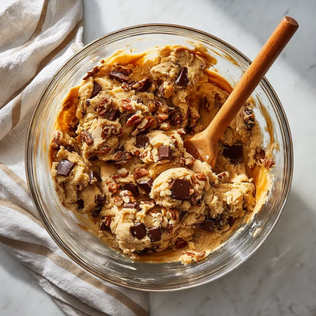 Folding caramel pecans and chocolate chunks into thick cookie dough in large glass bowl