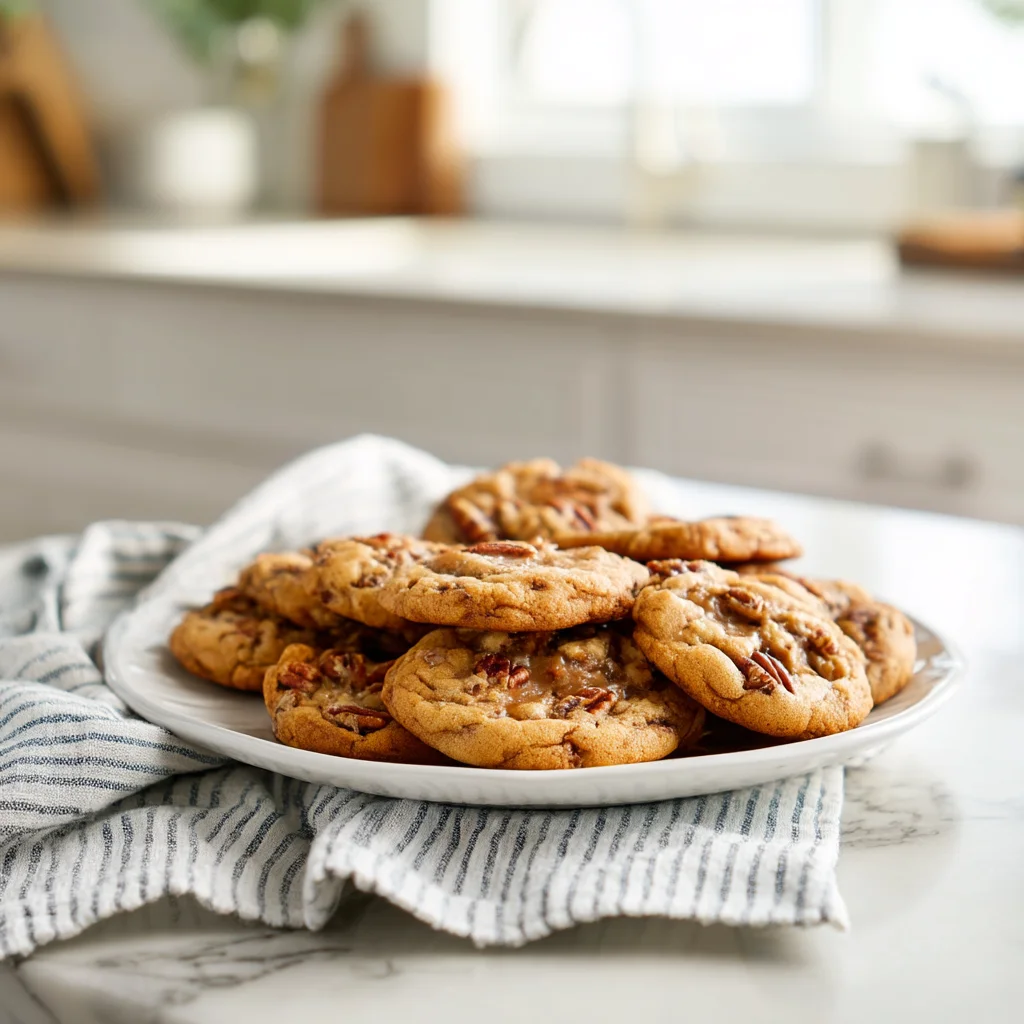 Plate of homemade caramel pecan cookies in a cozy kitchen setting