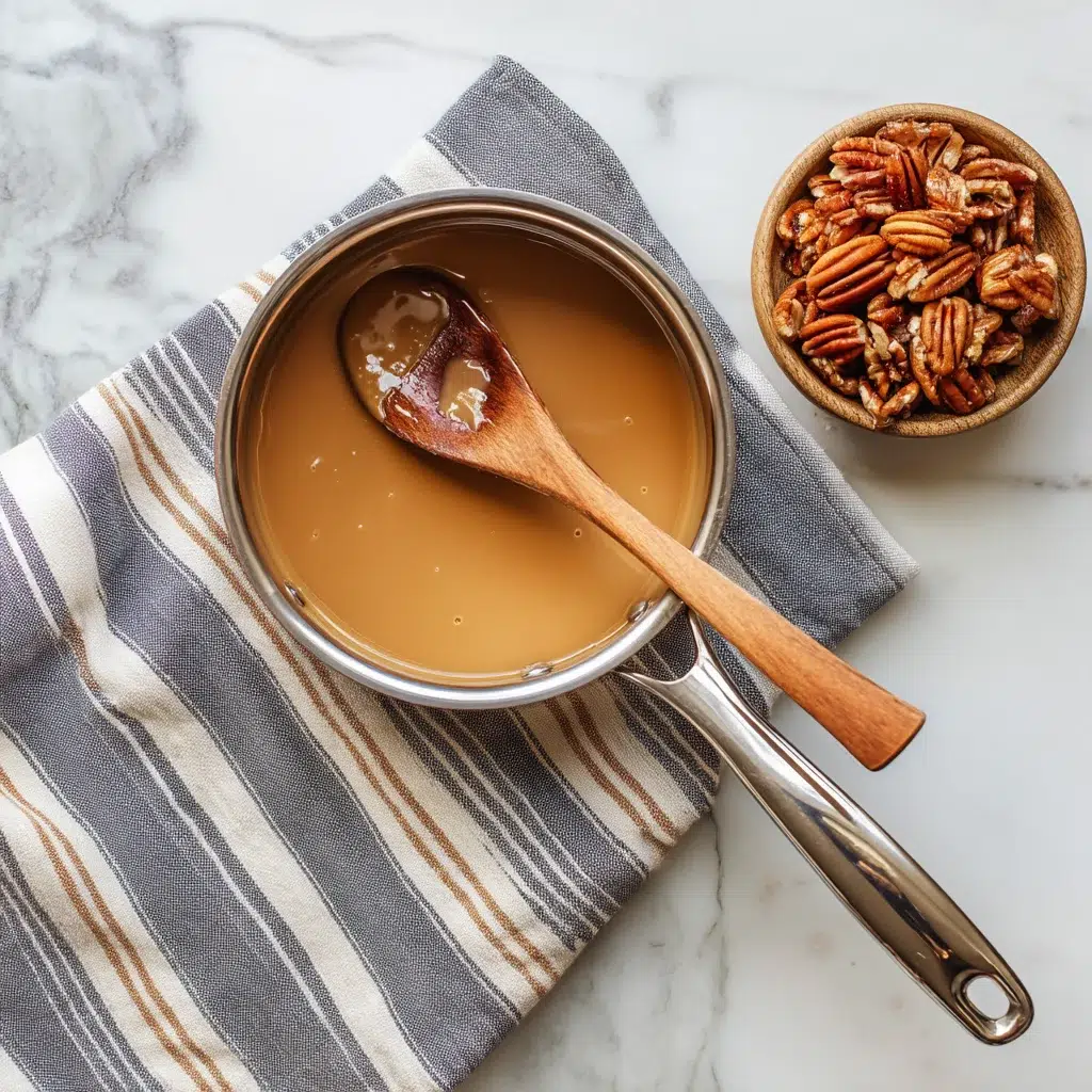 Soft caramels melting in cream with pecans ready to add
