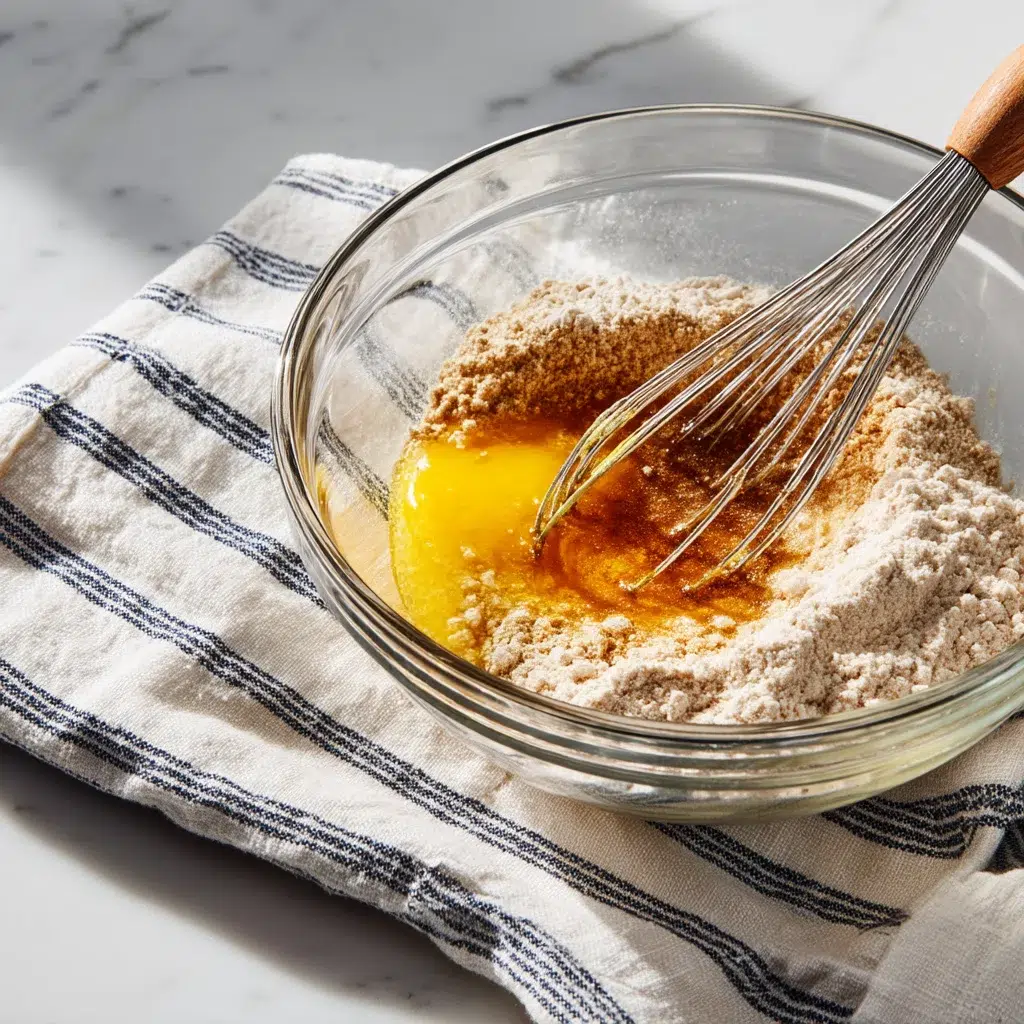 Whisking browned butter and sugars for caramel pecan cookie dough