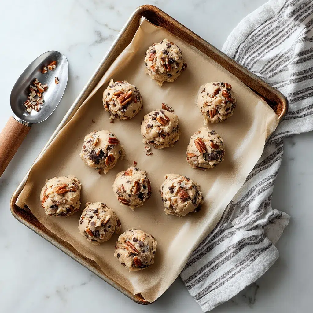 2-inch cookie dough balls topped with pecans and chocolate on baking sheet