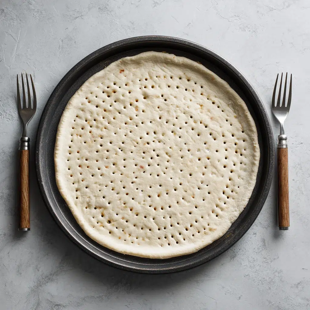 Raw pizza crust on a pan with fork marks before baking