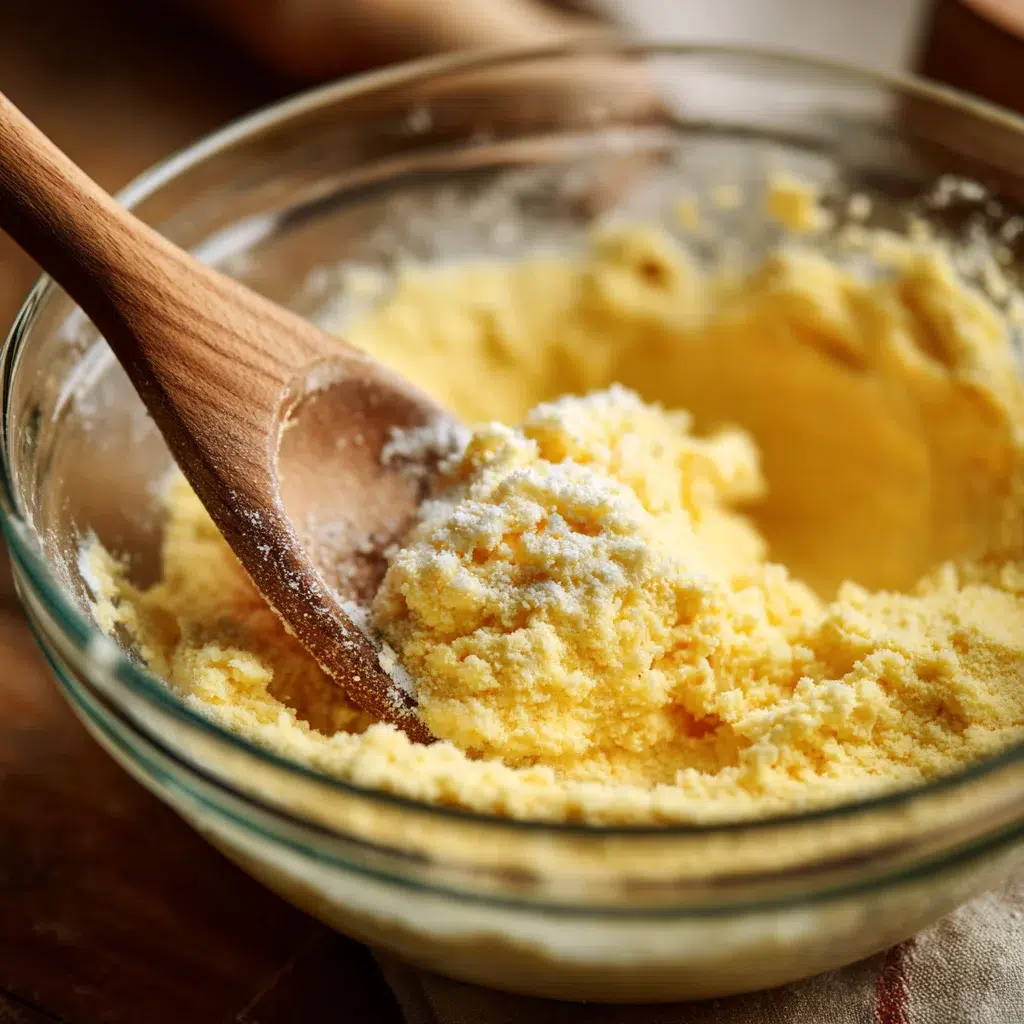 Mixing yellow cake mix with melted butter in a glass bowl