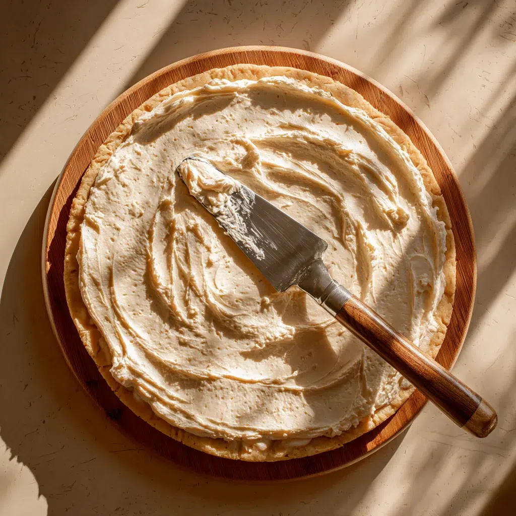 Spreading cake mix topping over pizza crust with a spatula