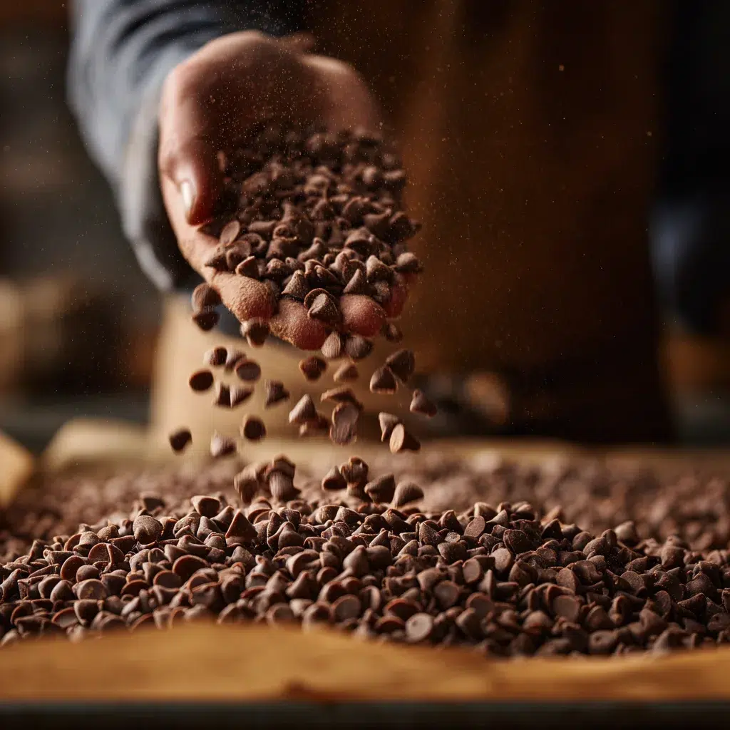 Hand sprinkling chocolate chips over cake mix topping