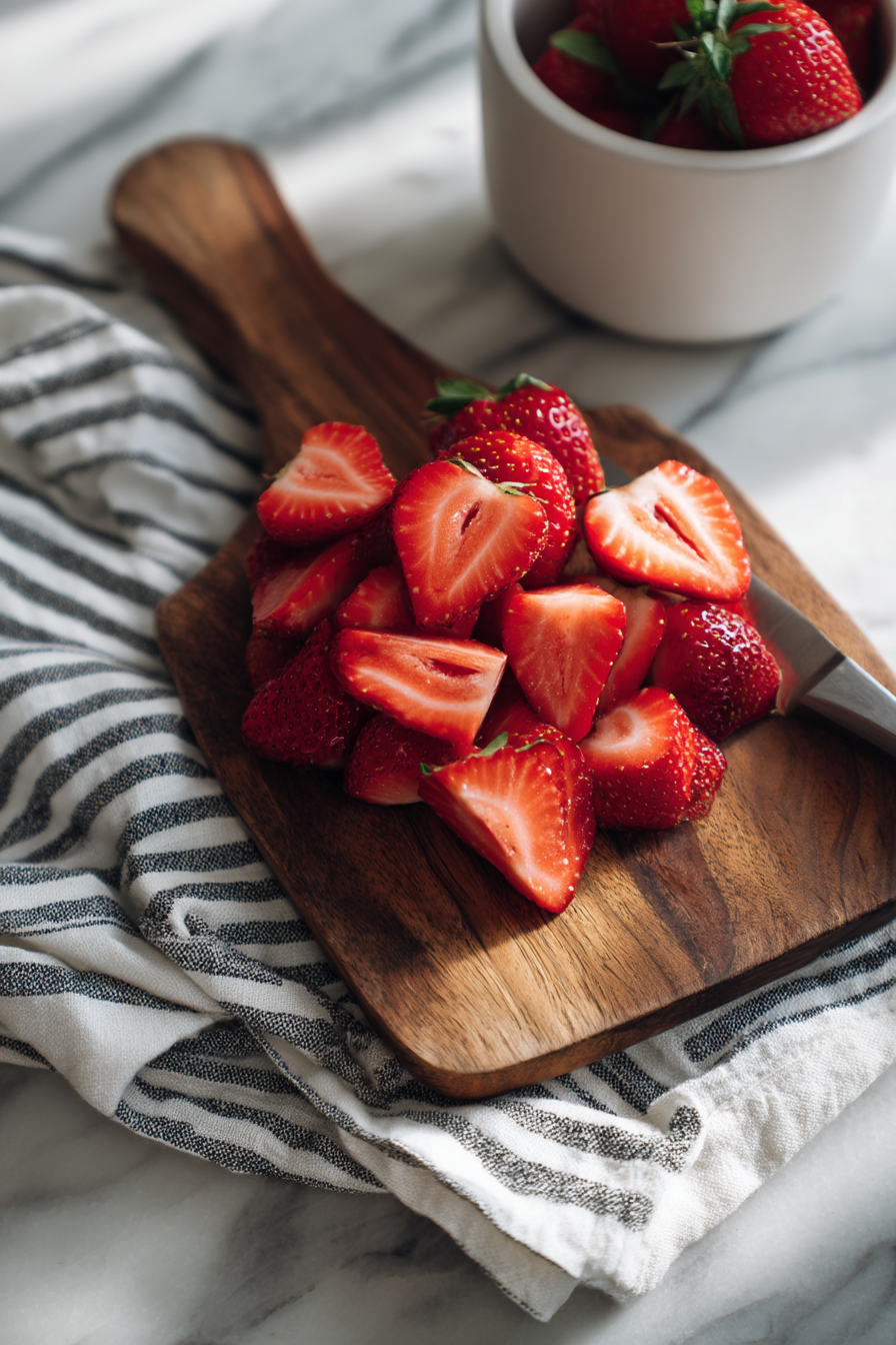 Chopped strawberries on cutting board for croissant filling