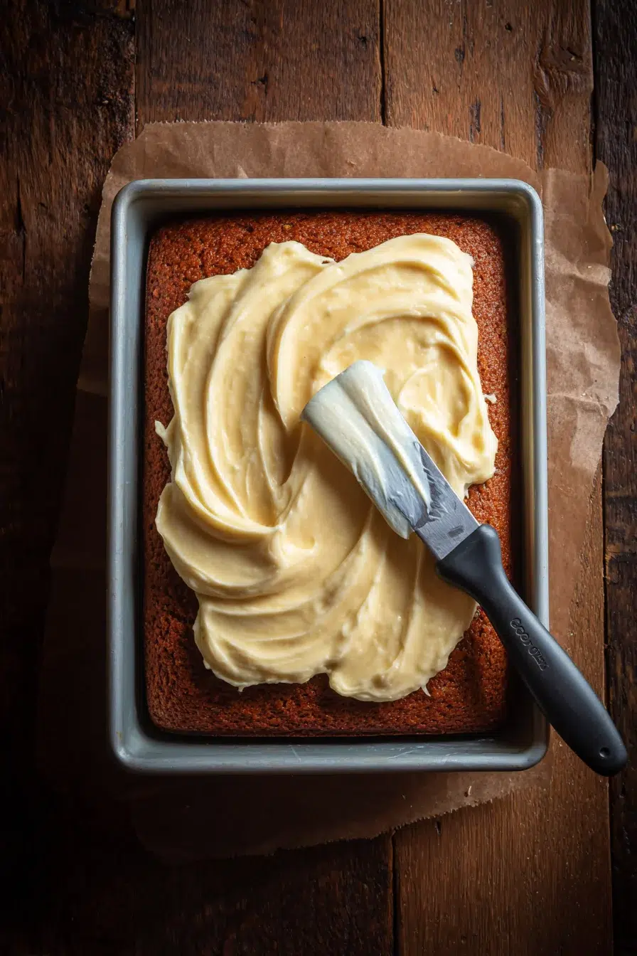 Frosting zucchini cake with orange cream cheese frosting