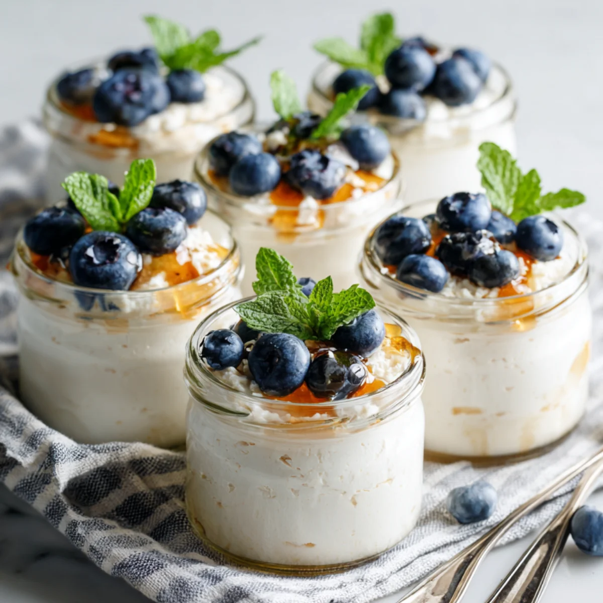 GAPS cream cheese dessert in jars with berries and mint on marble countertop.