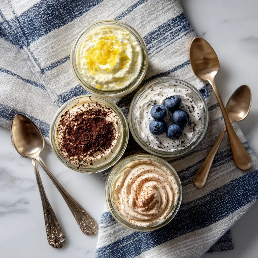 Four variations of GAPS cream cheese dessert with different toppings.