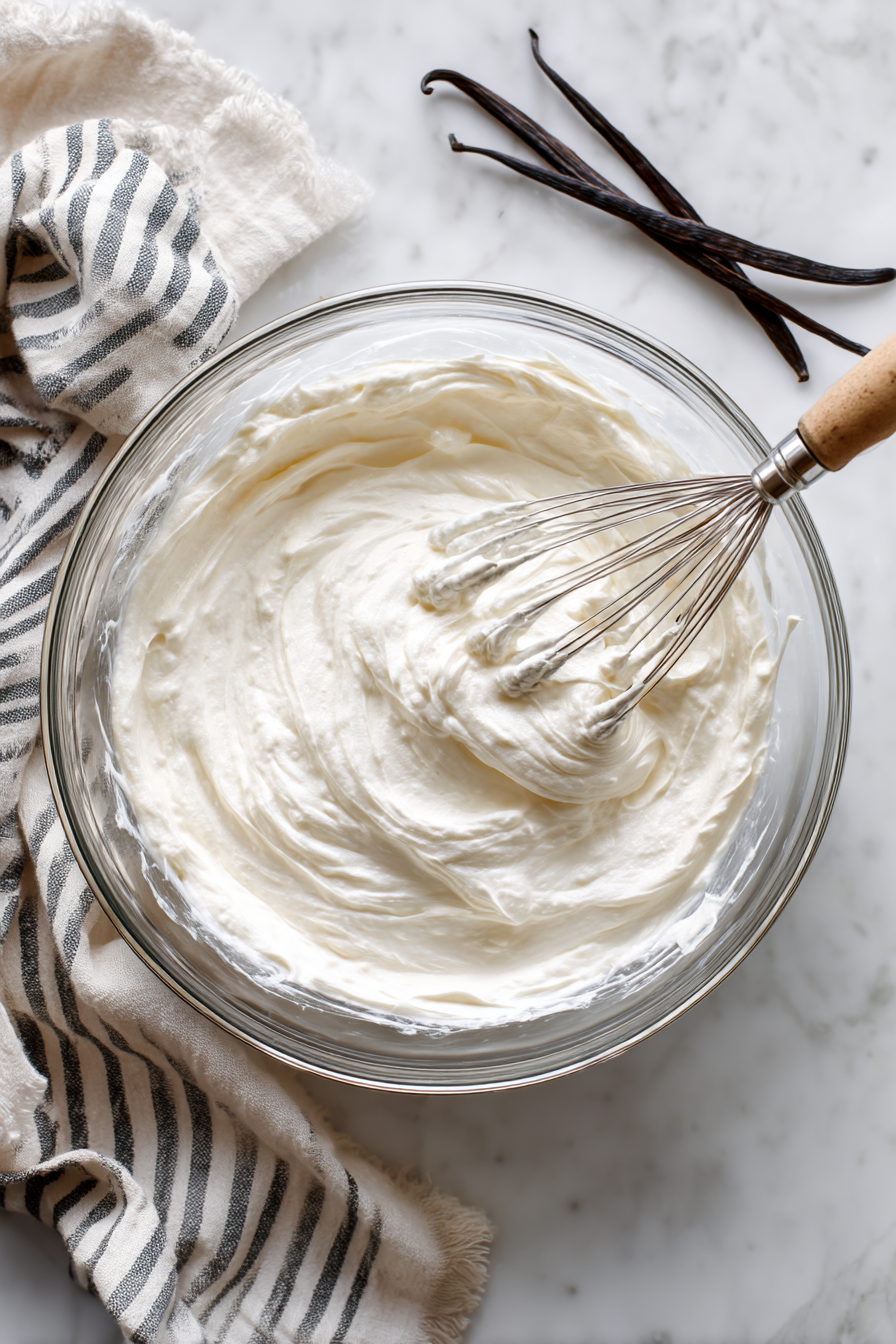 Whipped mascarpone cream in a glass bowl on marble counter