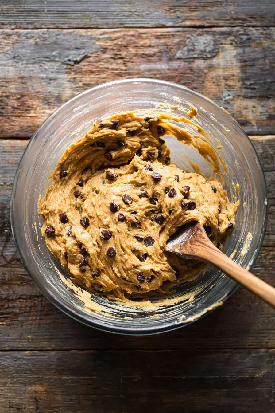 Mixing zucchini cake batter in a glass bowl