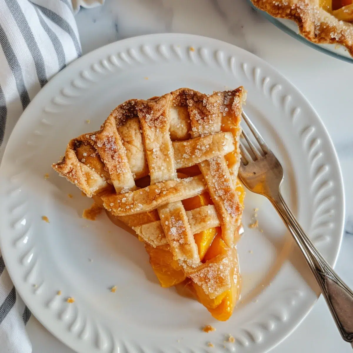 Slice of peach pie using canned peaches on a white plate with a fork