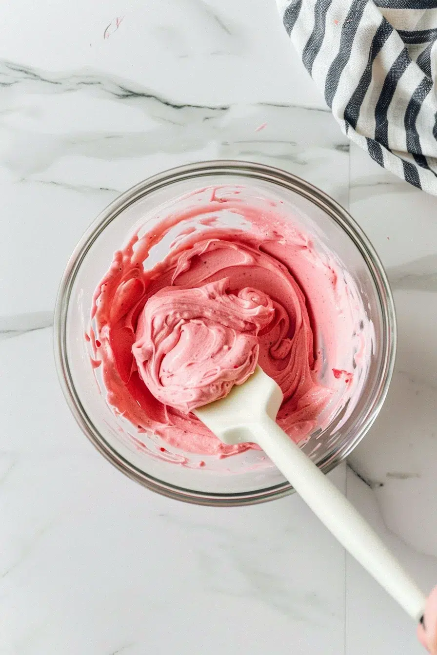 Mixing strawberry puree into ganache