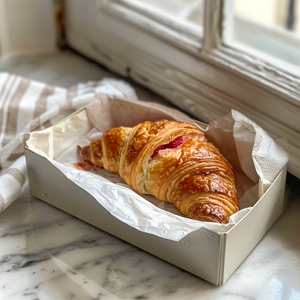 Strawberry croissant inside a white bakery box
