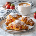 Strawberry croissants plated with coffee on white marble