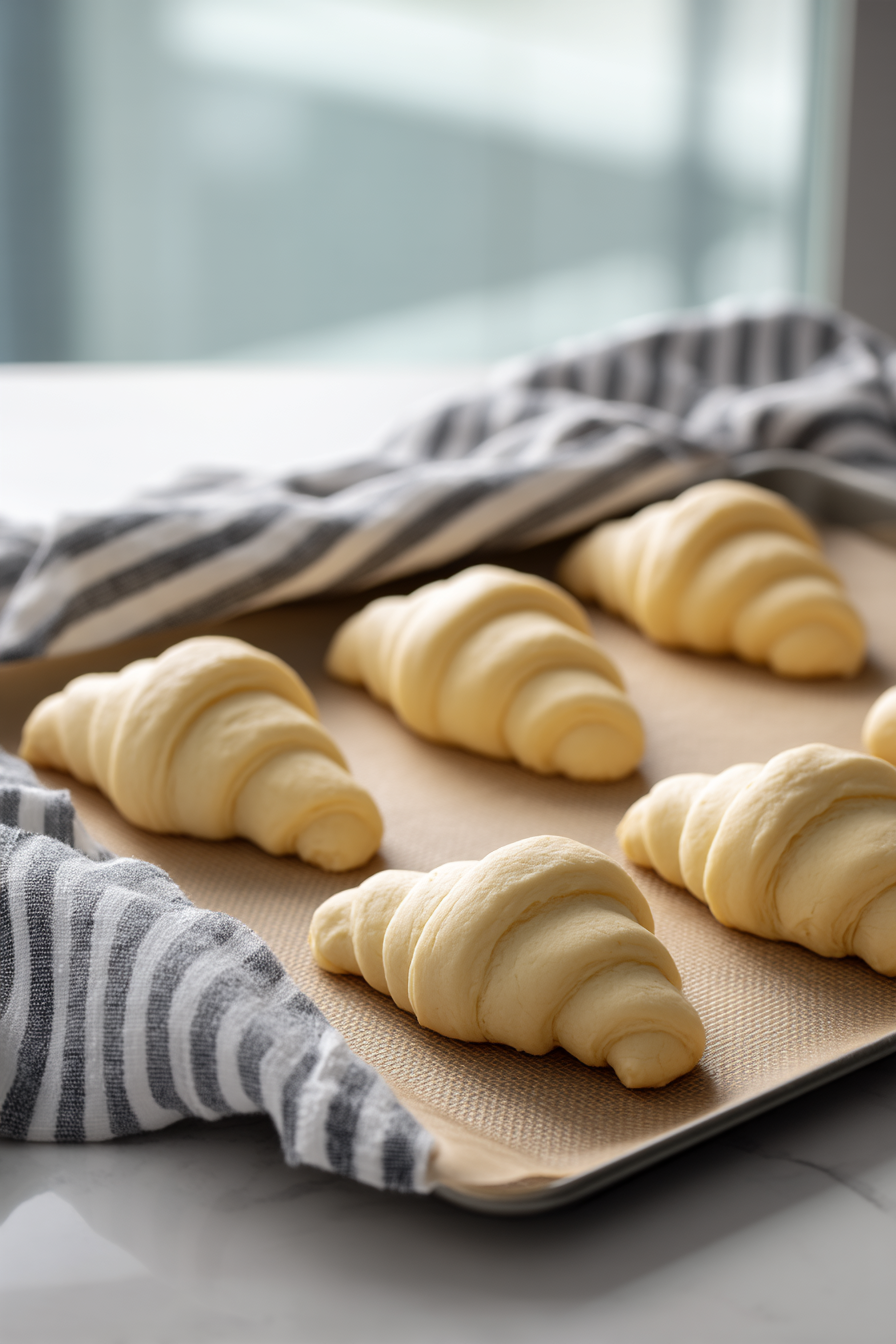 Unbaked croissants proofing on parchment-lined tray