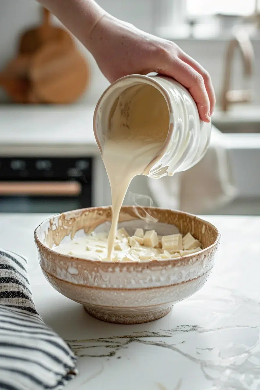 Pouring hot cream into white chocolate