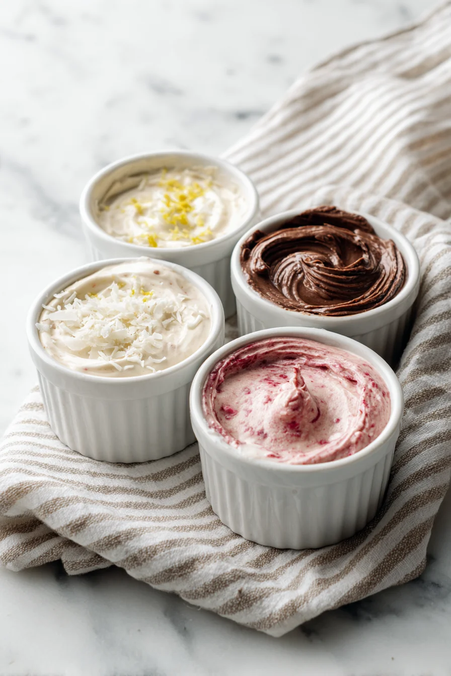 Four strawberry ganache variations in ramekins on marble counter
