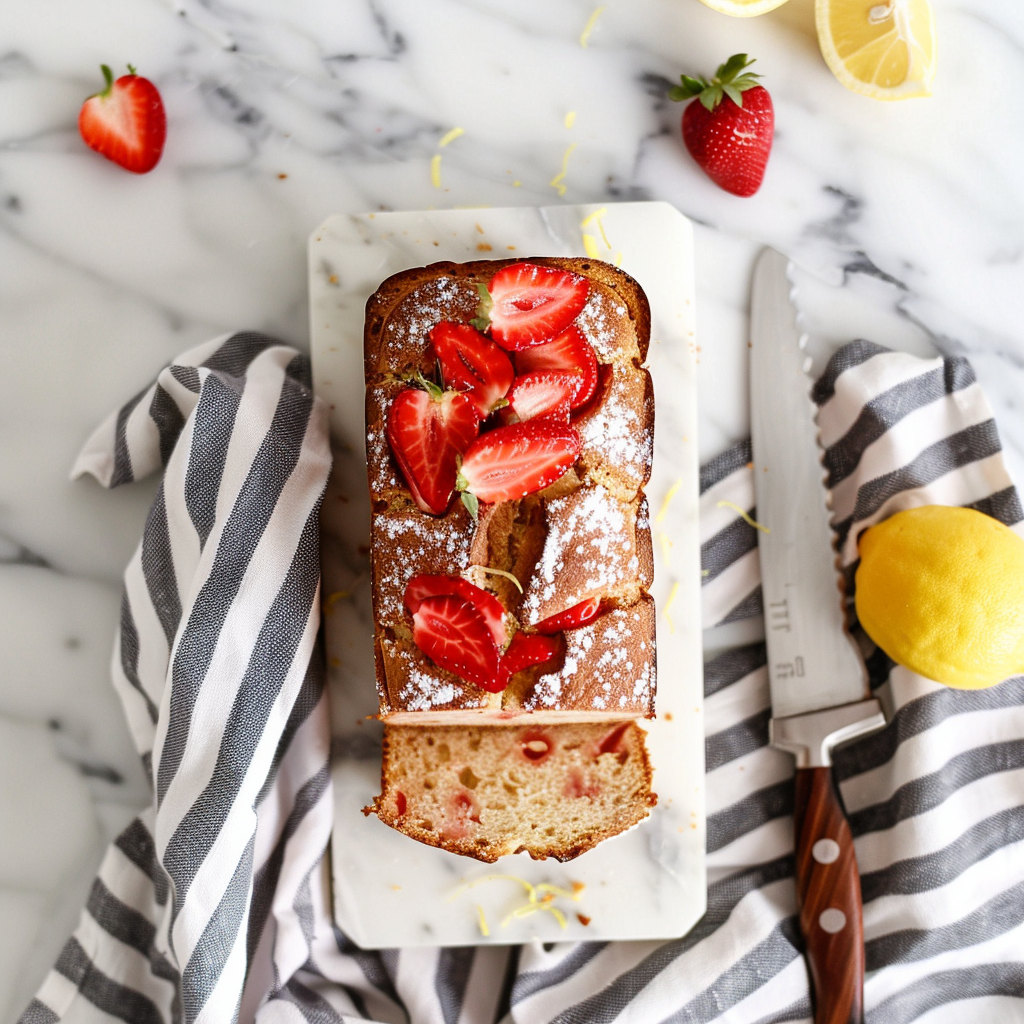 Sliced strawberry lemon loaf on a white marble counter