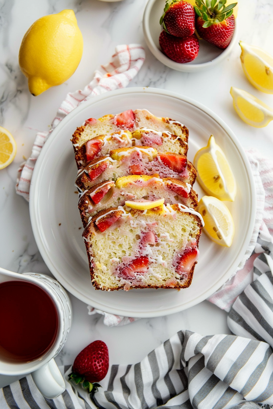 Served slices of strawberry lemonade bread with tea