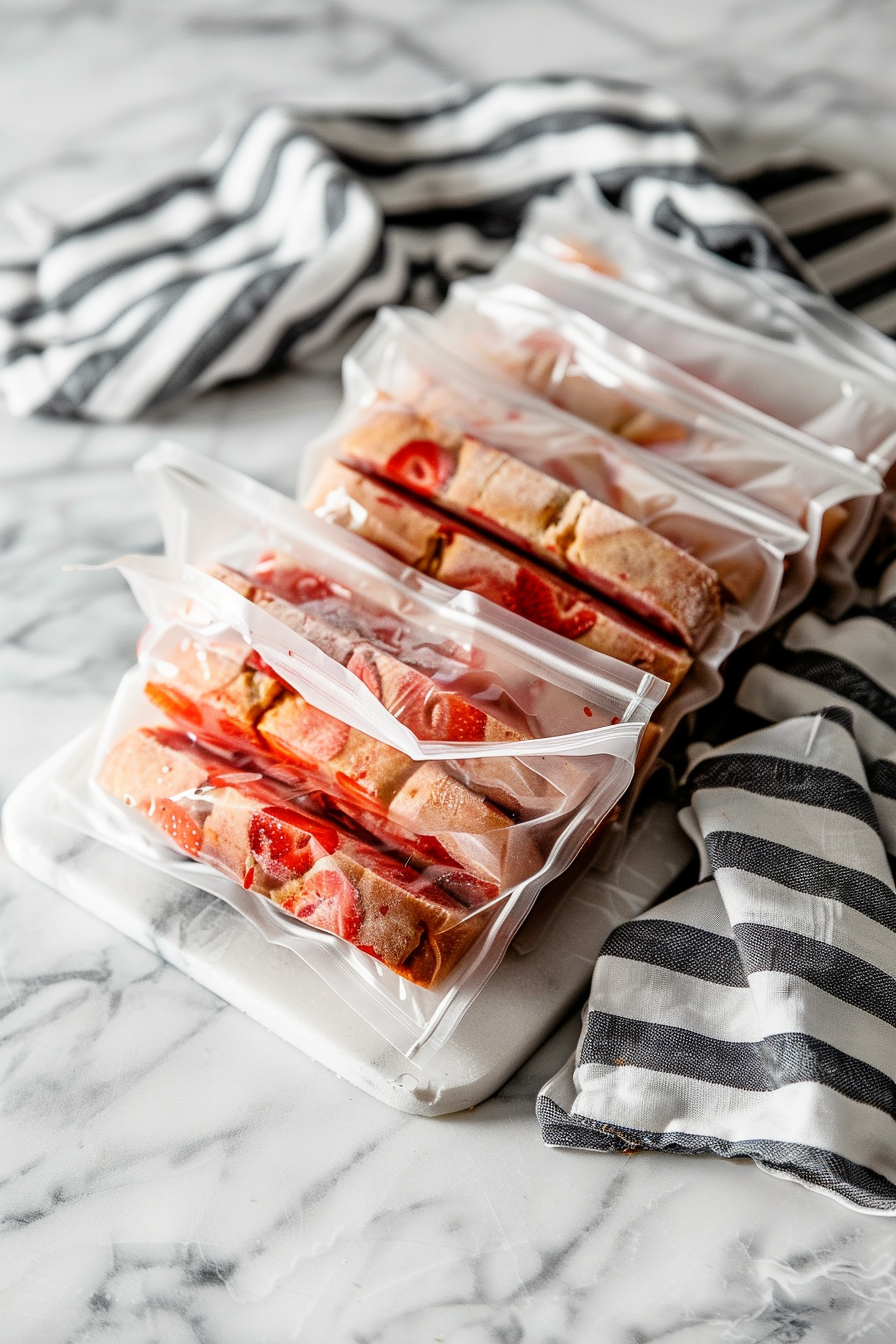 Wrapped slices of strawberry lemonade bread ready to freeze
