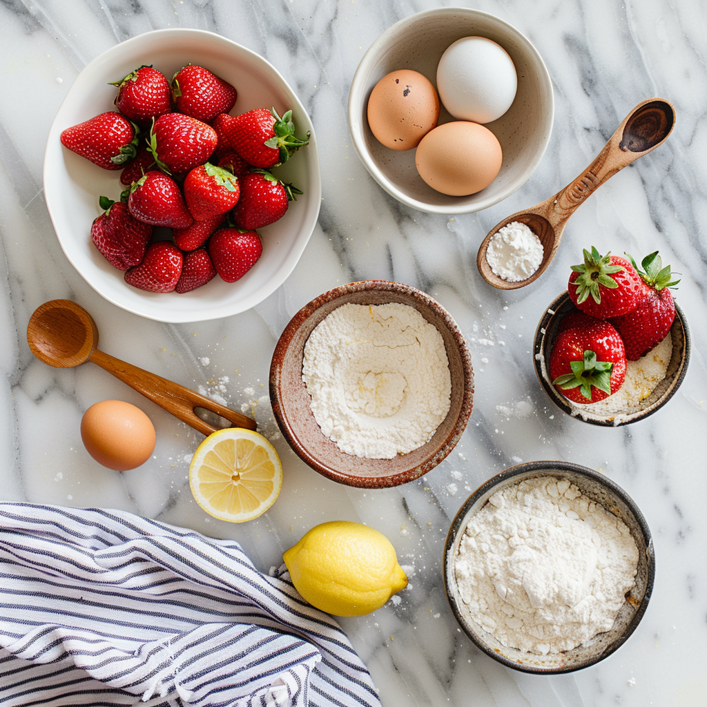 Baking ingredients for strawberry lemonade bread on marble