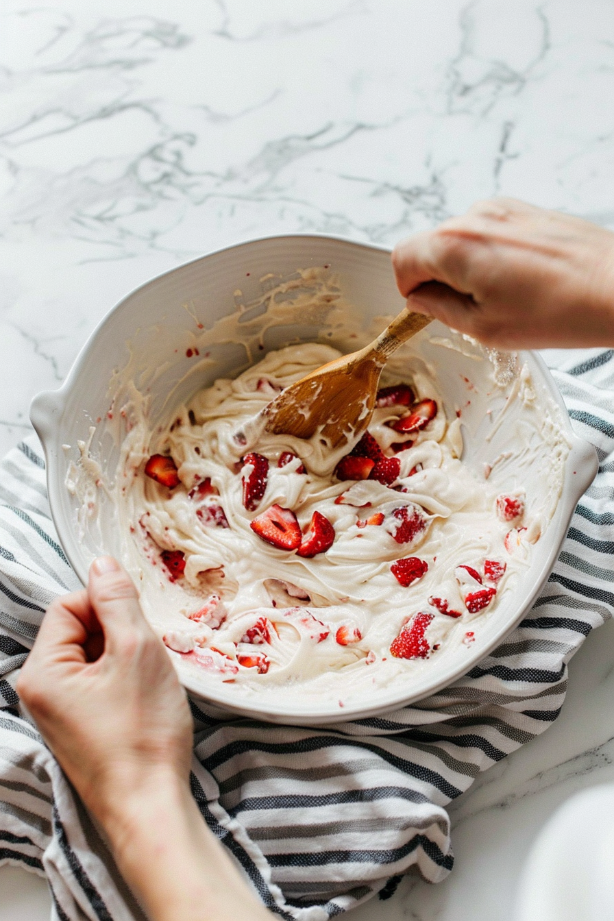Mixing strawberry lemonade bread batter in a white bowl