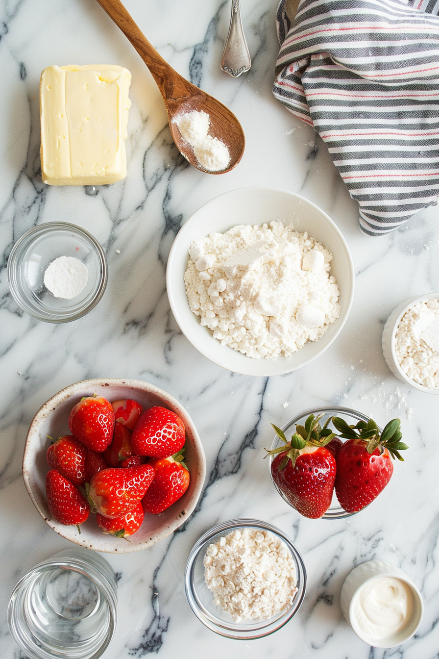 Flatlay of ingredients for strawberry croissant on marble