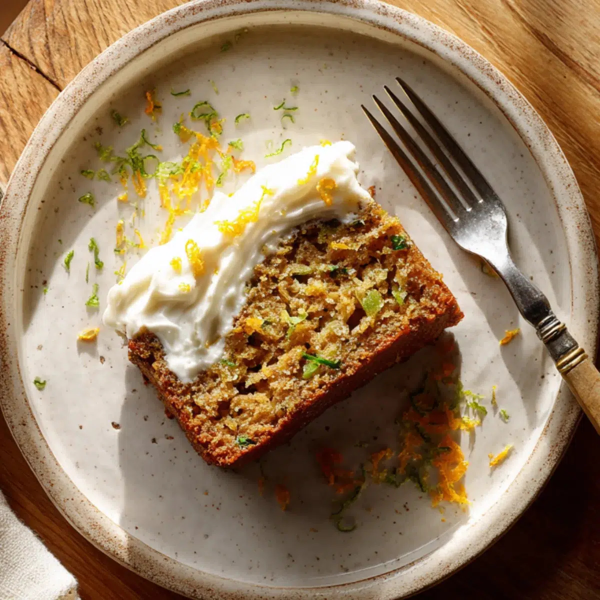 Rustic zucchini cake slice with cream cheese frosting and orange zest